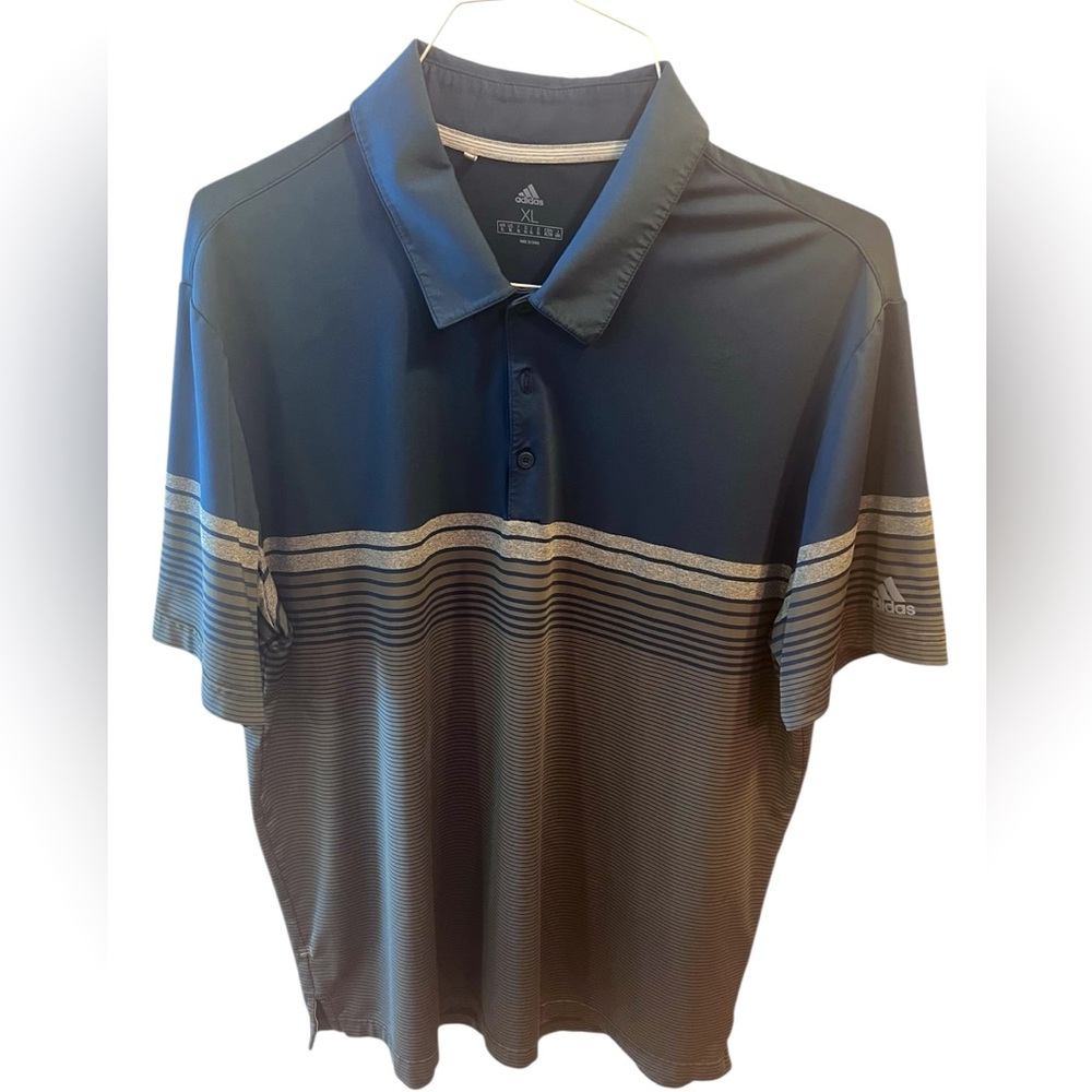 Sporty Adidas Steel Blue/Gray 3-Button Striped Short Sleeve Golf Shirt.  Size=XL